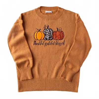 Love In Faith Women's Grateful Thankful Blessed Pumpkin Sweater In Brown