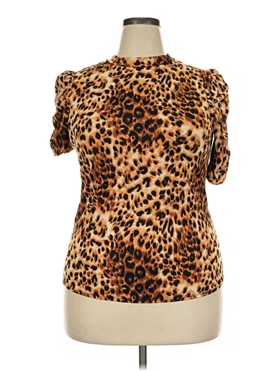 Pre-owned Love J Short Sleeve Top Brown Animal Print Pattern Mock Neckline Tops