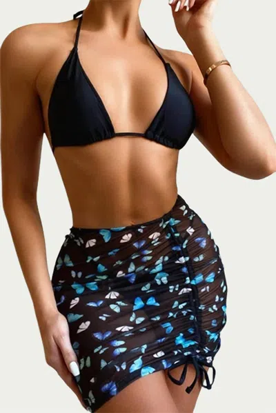 Love J Style Butterfly Skirt Three-piece Bikini Set In Black