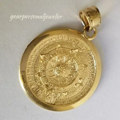 Pre-owned Love Jewels Inc Solid Real 14k Yellow Gold Aztec Sun Calendar Pendant Charm 1.25 Inch Long