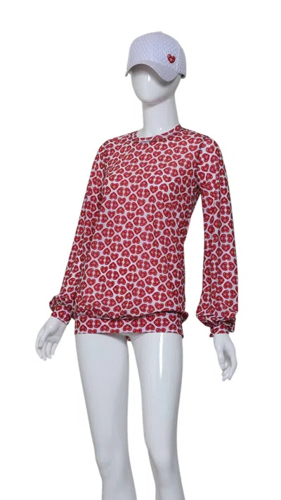 Love Love Tennis Women's Soft Long Sleeve Warm Up Top In Raspberry Red Hearts On White