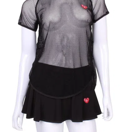 Love Love Tennis Women's Tie Back Short Sleeve Tee In Black Fishnet