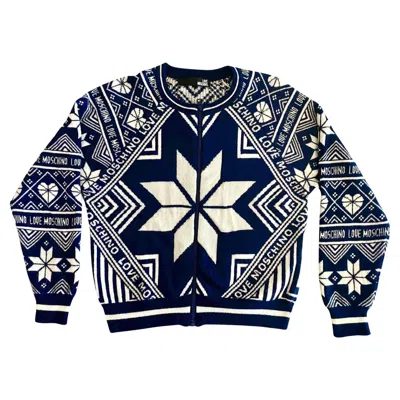 Pre-owned Love Moschino 2000s Moschino Blue White Winter Cardigan Zipped Jumper