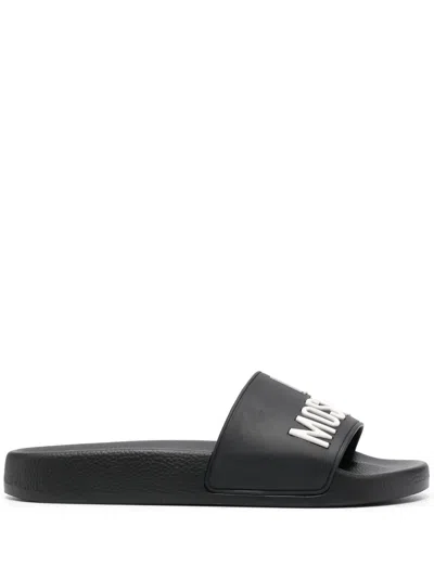 Love Moschino 3d-logo Flat Slides In Black