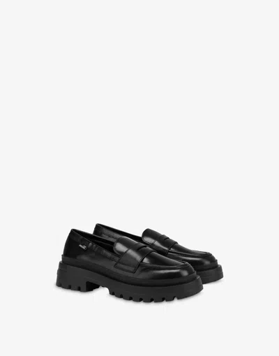Love Moschino Abrasivato Calfskin Loafers In Black