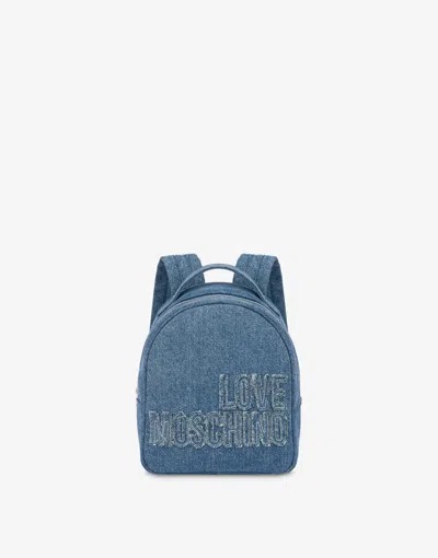 Love Moschino Backpack In Denim With Patch Logo In Dark Denim