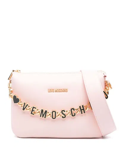 Love Moschino Beige Shoulder Bag With Gold Chain And Black Logo In Pink