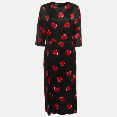 Pre-owned Love Moschino Black Heart Print Satin Flared Midi Dress L