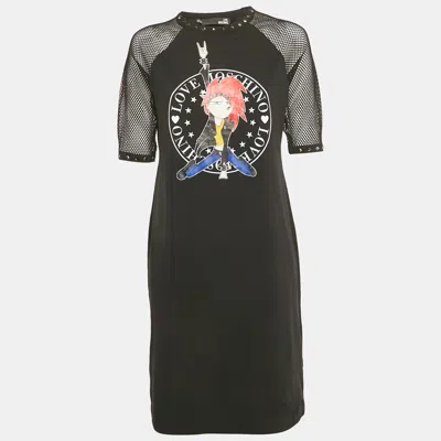 Pre-owned Love Moschino Black Printed Mesh And Jersey T-shirt Dress M