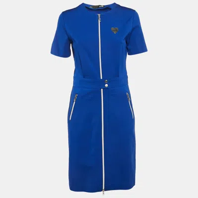 Pre-owned Love Moschino Blue Logo Plaque Jersey Zipper Detail Mini Dress M
