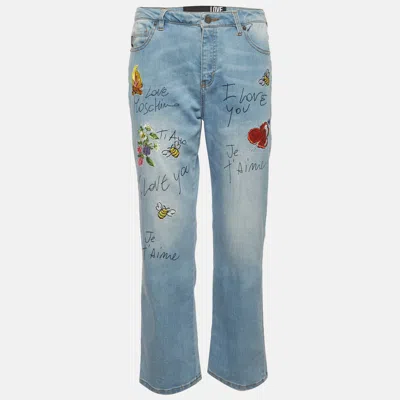 Pre-owned Love Moschino Blue Love Applique And Print Denim Cropped Jeans M/waist 30"