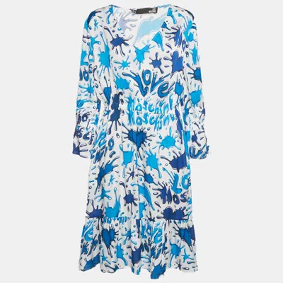Pre-owned Love Moschino Blue/white Paint Splashed Satin Midi Dress M