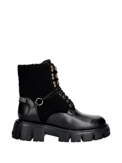 Love Moschino Bouclé-panel Lace-up Boots In Black