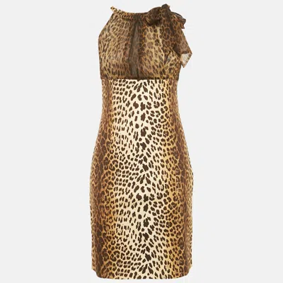 Pre-owned Love Moschino Brown Leopard Printed Cotton & Silk Halterneck Dress M