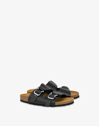Love Moschino Calf Sandals With Double Heart Buckle Strap In Black