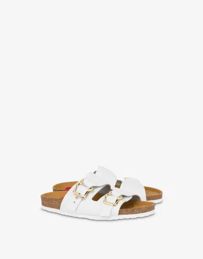 Love Moschino Calf Sandals With Double Heart Buckle Strap In White