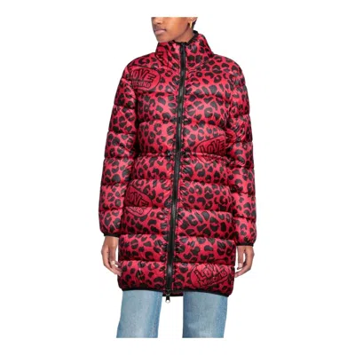 Love Moschino Chic Leopard Print Long Down Jacket In Red