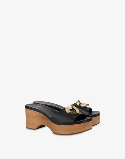 Love Moschino Clogs In Calfskin With Heart In Black