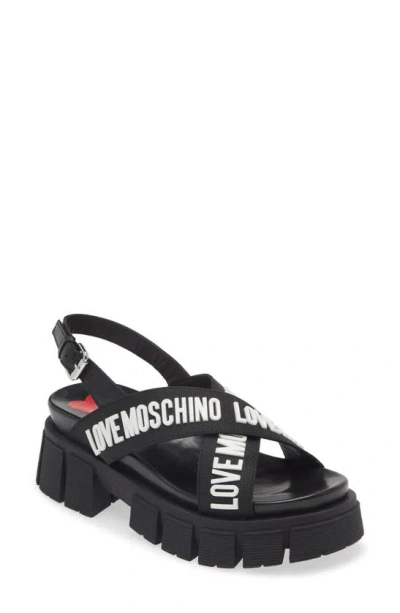 Love Moschino Crisscross Logo Platform Sandal In Black-white