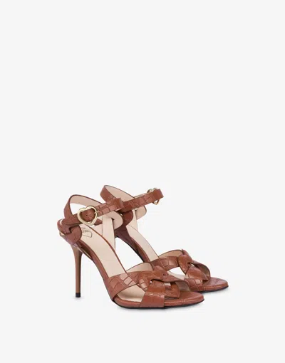 Love Moschino Croc-print Calfskin Sandals Filled Heart In Brown