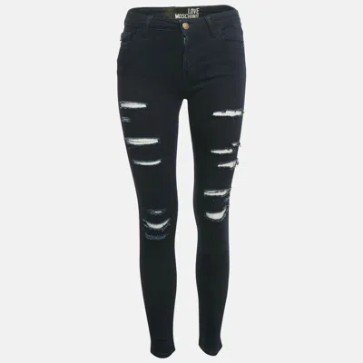Love Moschino Dark Blue Distressed Denim Skinny Jeans S Waist In Black