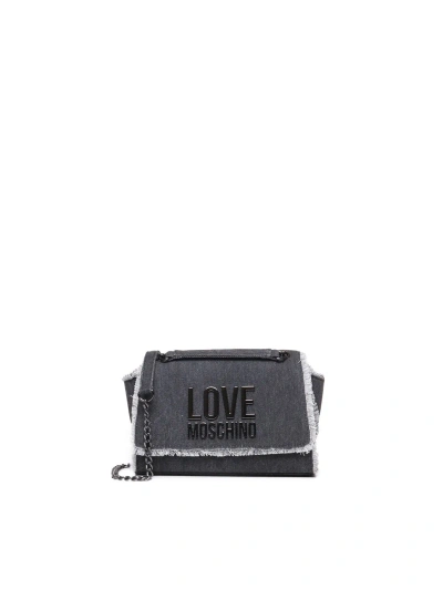 Love Moschino Denim Shoulder Bag With Fringes In Black