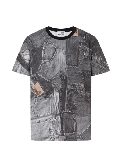 Love Moschino Denim-print Cotton T-shirt In Black
