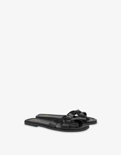Love Moschino Flat Calfskin Sandals Filled Heart In Black