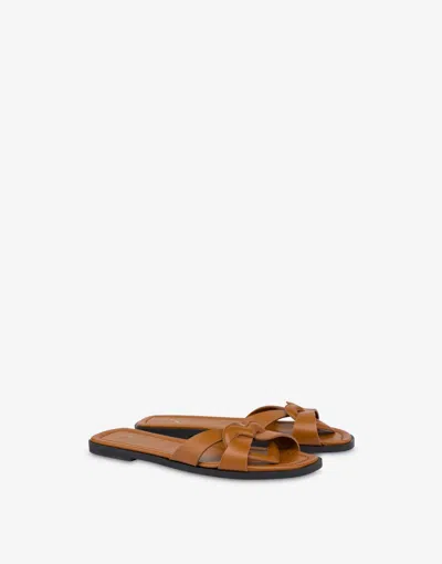 Love Moschino Flat Calfskin Sandals Filled Heart In Brown