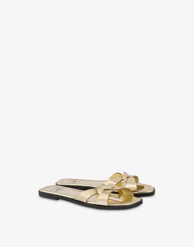 Love Moschino Flat Laminated Nappa Sandals Filled Heart In Gold