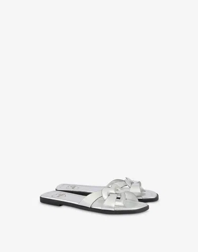 Love Moschino Flat Laminated Nappa Sandals Filled Heart In Silver