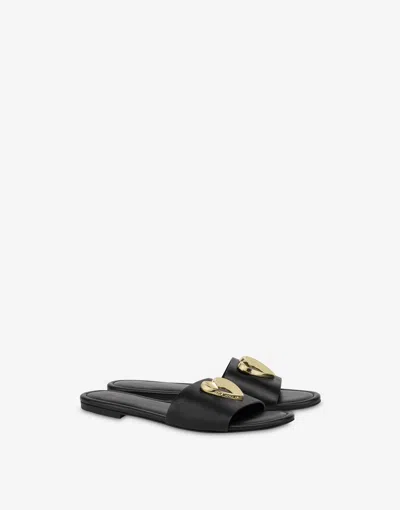 Love Moschino Flat Sandals In Calfskin With Heart In Black