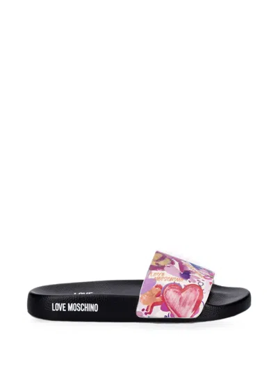 Love Moschino Floral-print Logo-print Slides In Multi