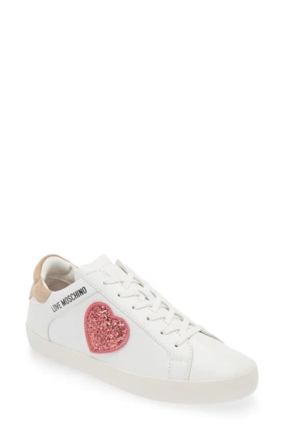 Love Moschino Glitter Heart Low Top Sneaker In White/ Black/ Red