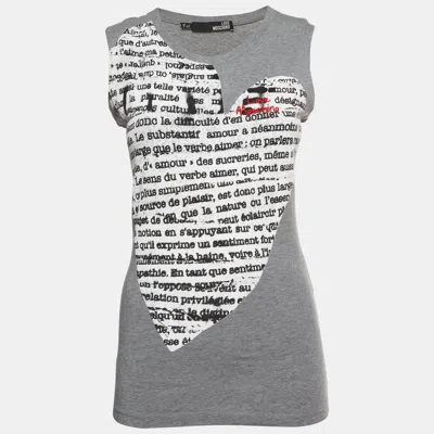 Pre-owned Love Moschino Grey Logo Embroidered Script Heart Print Jersey Tank Top M In Gray