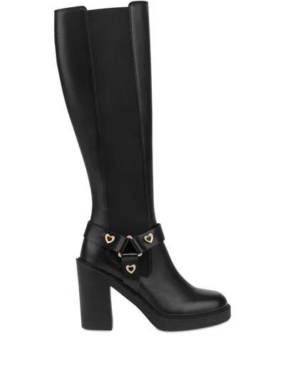 Love Moschino Heart-buckle Leather Boots In Black