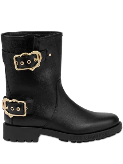Love Moschino Heart-buckle Leather Boots In Black