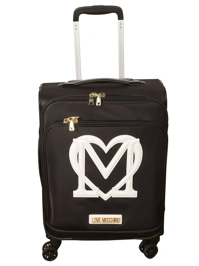 Love Moschino Heart Patched Two-way Zipped Trolley Luggage In Black/white
