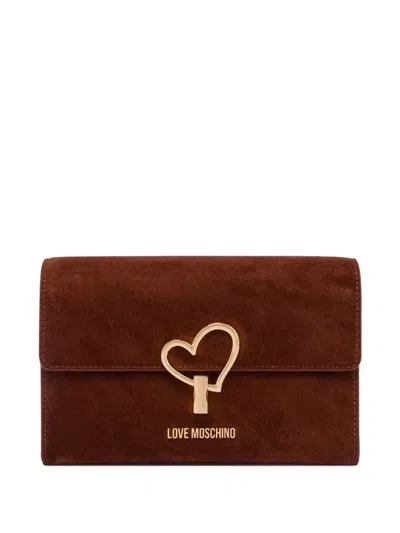 Love Moschino Heart-shaped Clasp Suede Bag In Brown