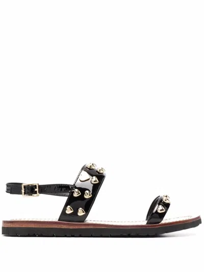 Love Moschino Patent Leather Thong Sandals Heart Studs In Black