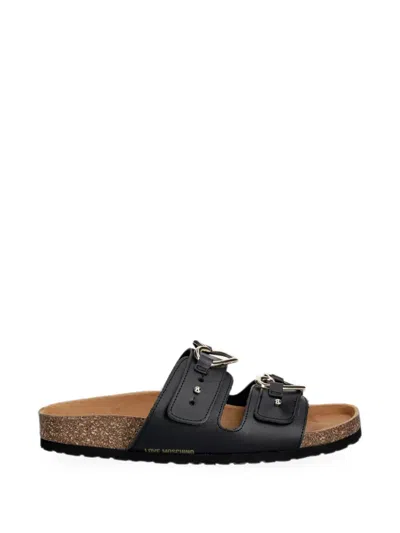 Love Moschino Heart-buckle Leather Slides In Black