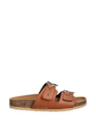 Love Moschino Heart-buckle Leather Slides In Brown