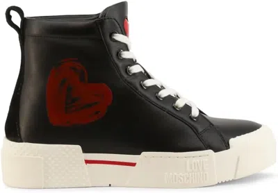 Love Moschino High Black Women's Sneaker In Leather  With Red Heart Painted In Multi