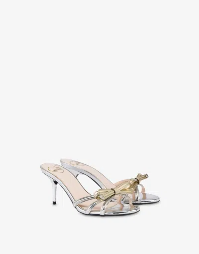 Love Moschino Laminated High-heeled Mules Sleek Bow In Silver