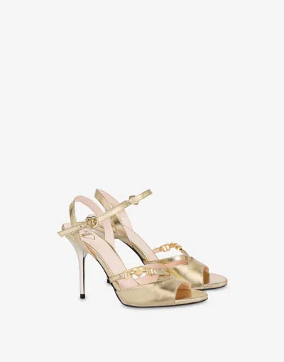Love Moschino Laminated Nappa Sandals Love Chain Strap In Gold