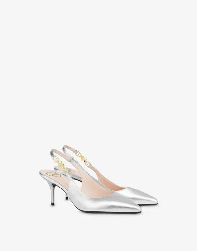Love Moschino Laminated Nappa Slingbacks Love Chain Strap In Silver