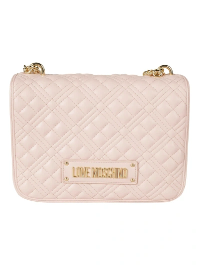 Love Moschino Logo Embossed Quilted Chain Shoulder Bag In Cipria
