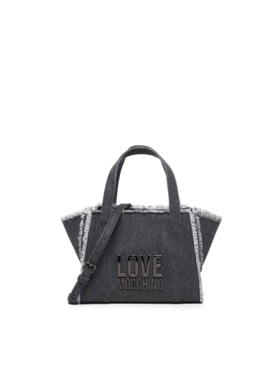 Love Moschino Logo Lettering Denim Handbag In Black