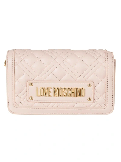 Love Moschino Logo Plaque Quilted Shoulder Bag In Cipria