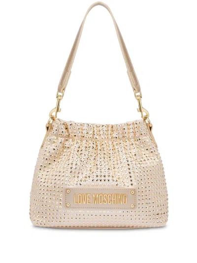 Love Moschino Logo-plaque Studded Cross Body Bag In Gold Metalic